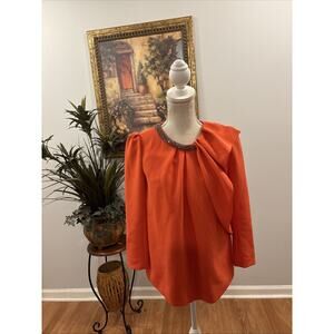 Caroline Women Blouse Size 4 Orange Pleated Neckline Long Sleeve Zipper Back